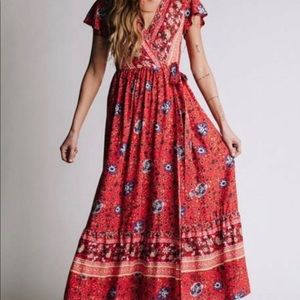 Clad & Cloth Milan Red Floral Maxi Wrap Dress